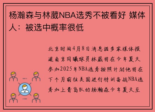 杨瀚森与林葳NBA选秀不被看好 媒体人：被选中概率很低
