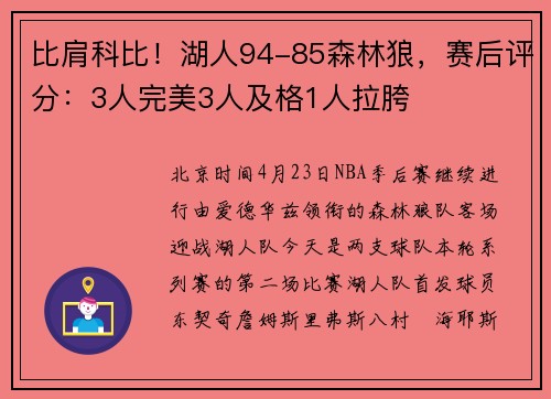 比肩科比！湖人94-85森林狼，赛后评分：3人完美3人及格1人拉胯